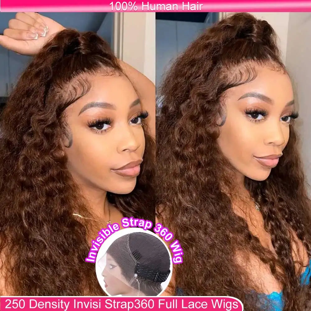 Invisible Strap 360 Full Lace Glueless Wig Chocolate Brown Deep Wave Frontal Wig Hidden Water Wave Lace Front Wig Human Hair