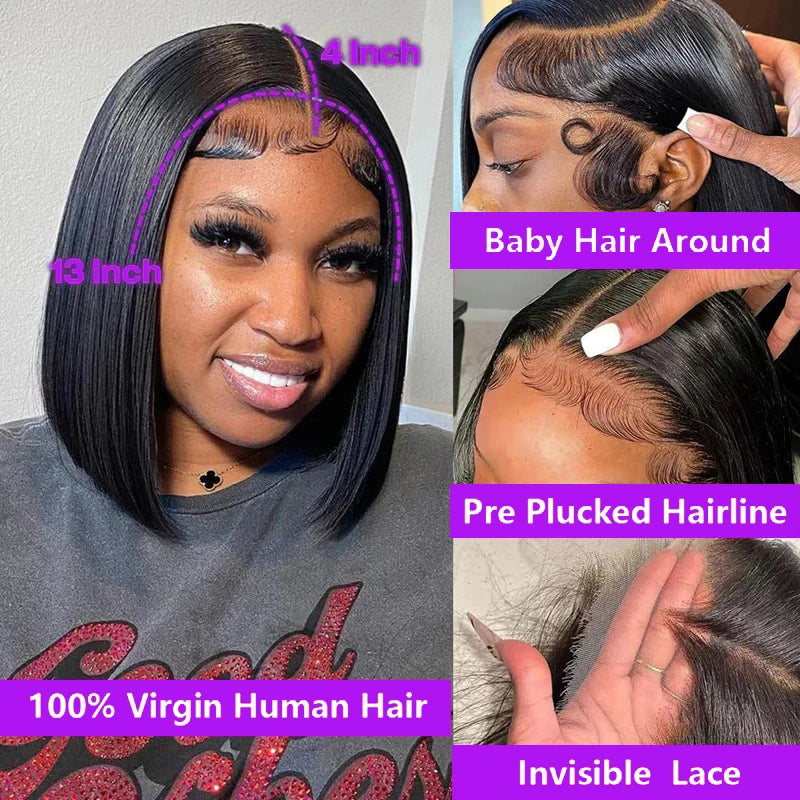 Straight Bob Wig 200% Density 13X4 Lace Frontal Wigs Brazilian Pre Plucked With Baby Hair 4x4 For Women 100% Human Hair Wigs #1B