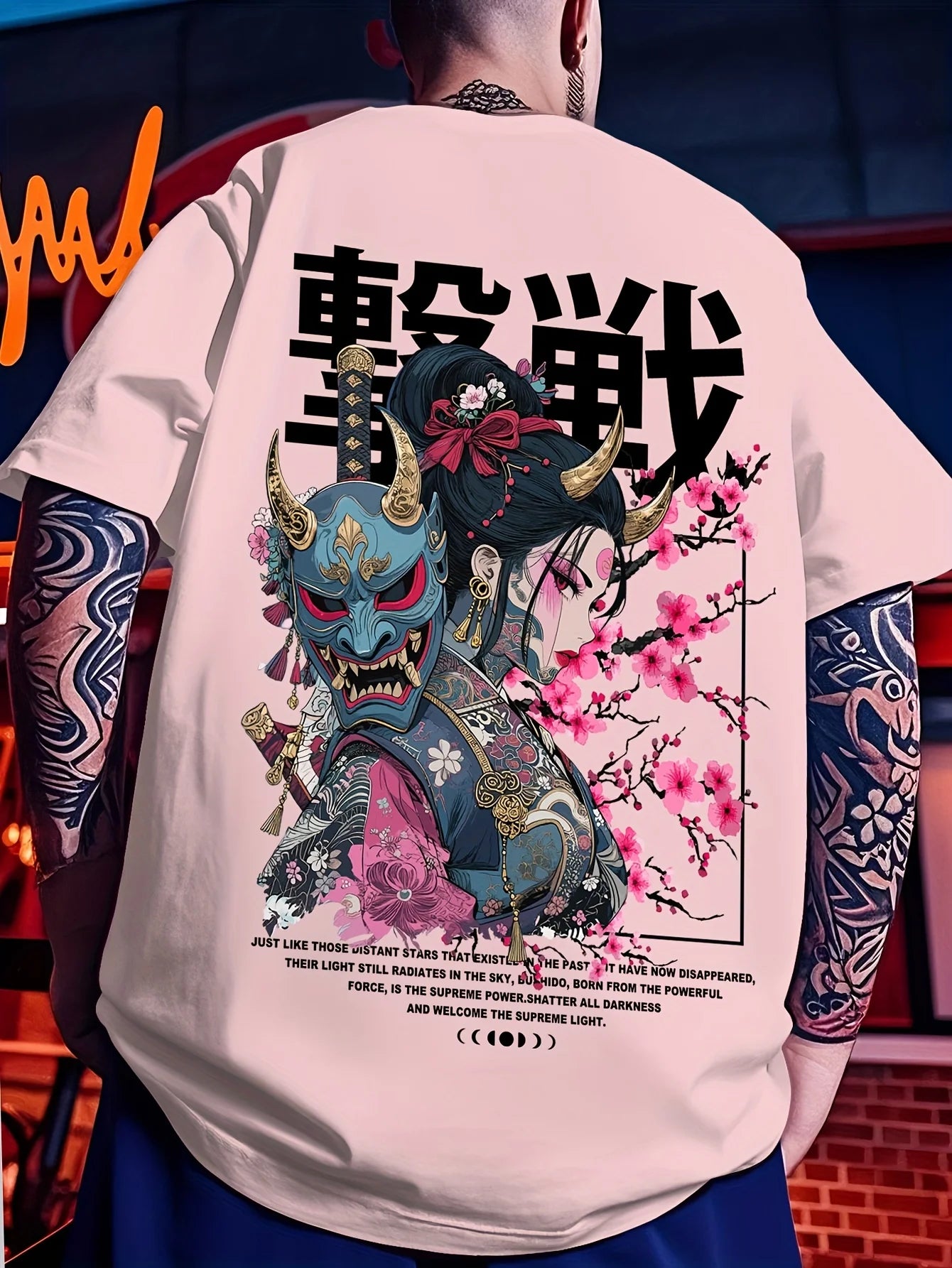 European and American men's summer ghost warrior cherry blossom print soft and breathable round neck T-shirt outdoor street top