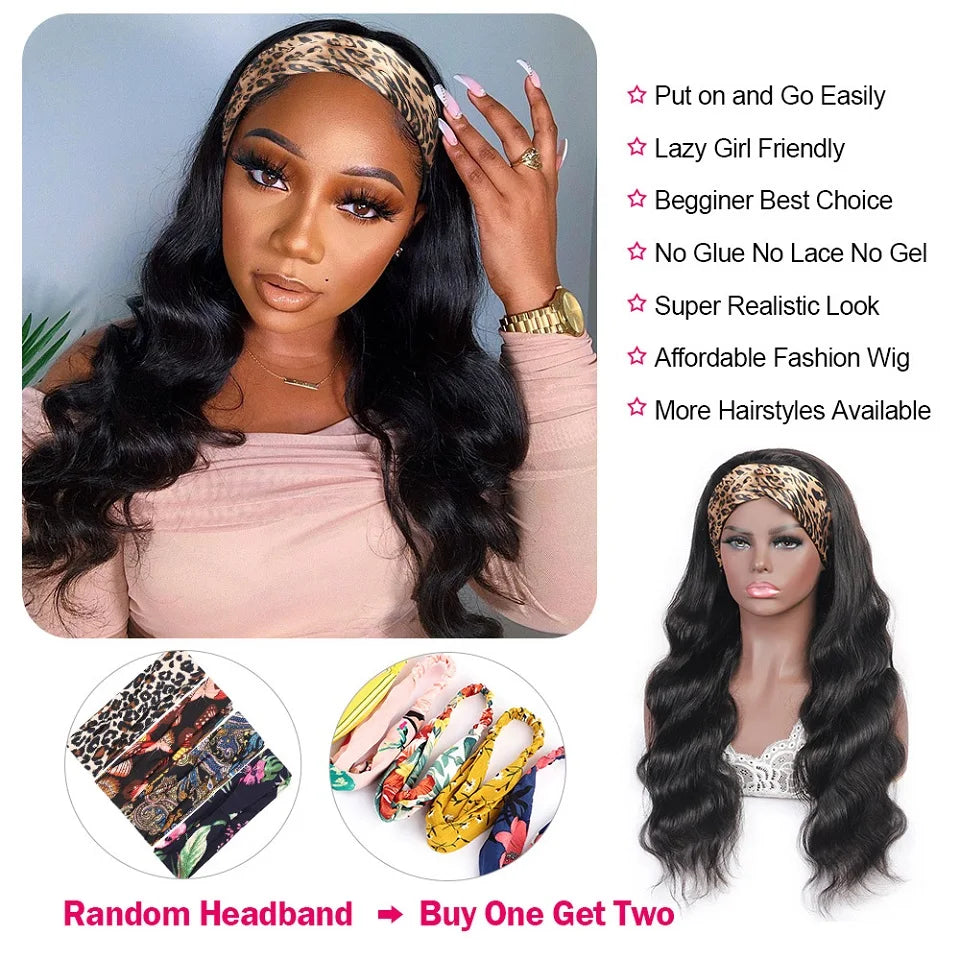 Headband Wig Human Hair Body Wave Virgin Human Hair Wigs for Black Women Full Machine Made Brazilian Ready To Wear Wig None Lace
