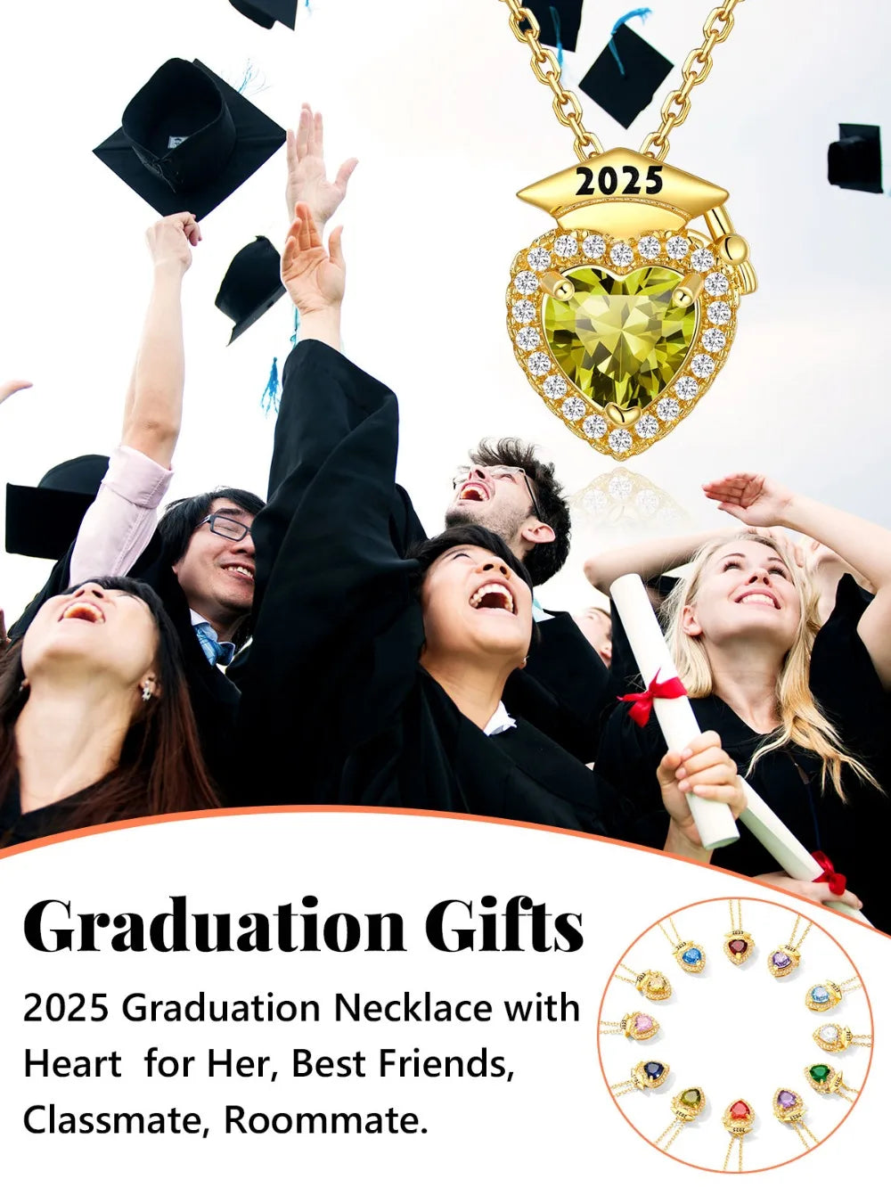 U7 2025 Graduation Necklaces for Women Bachelor Cap Clear White A+++ CZ Heart Birthstones Jewelry Gift for Daughter Girlfriend