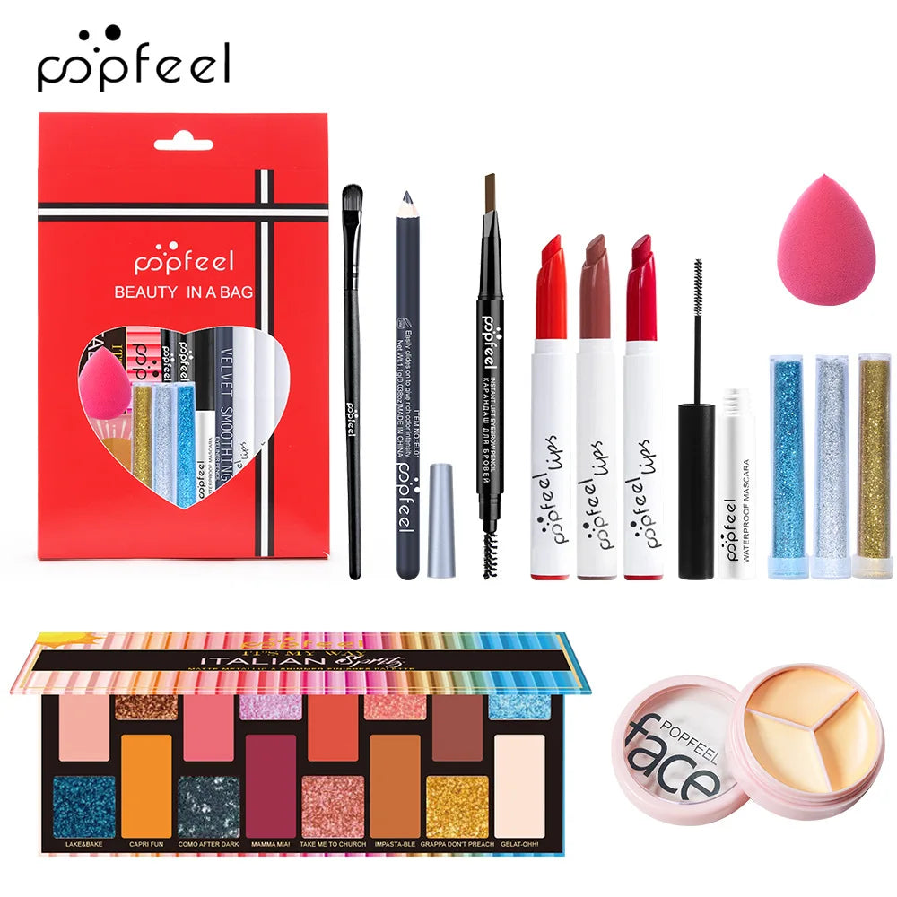 POPFEEL All-in-One Makeup Kit Gift Set with Eyeshadow Palette Foundation Lip Gloss Blush Brushes Eyeliner and More Beauty Gifts