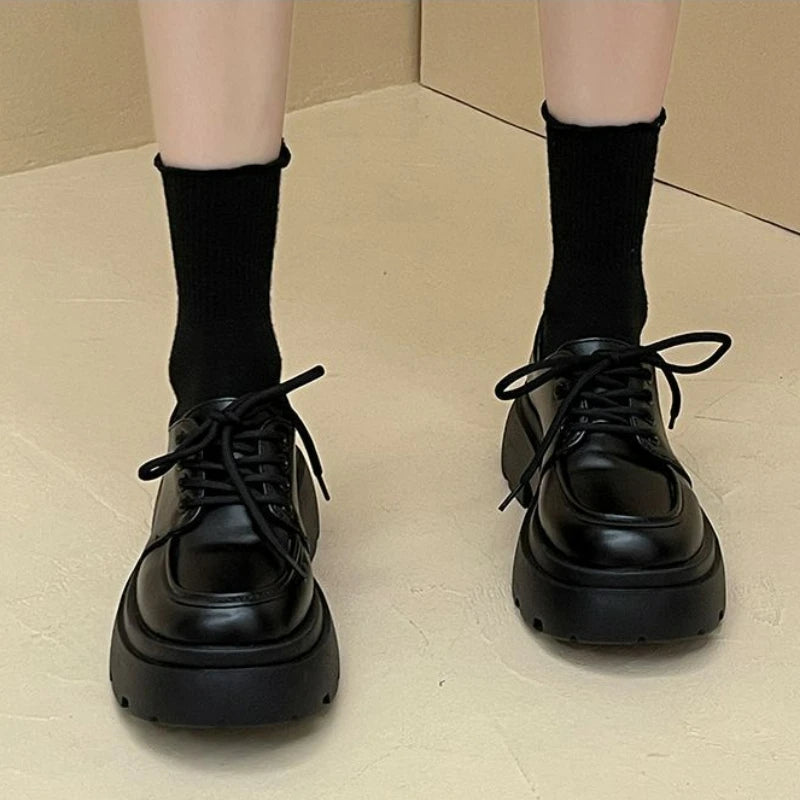 Women's Shoes Platform Flats Autumn Black Loafers Fashion Comfortable Leather Shoes Lace-up Outdoor Casual Oxfords Zapatos Mujer