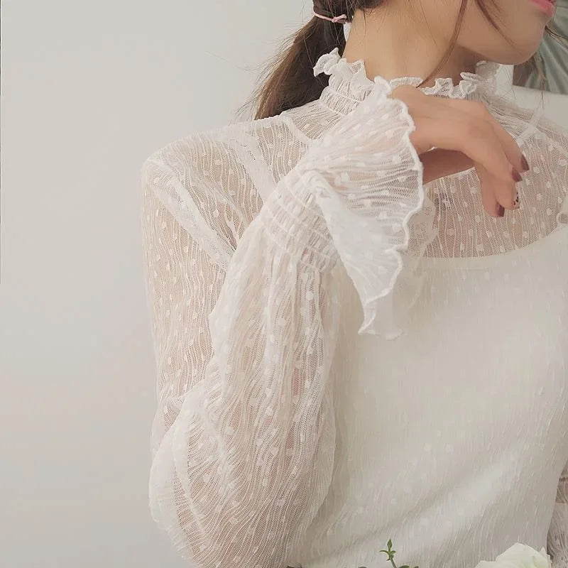 Women Sexy Mesh See Through T Shirt  Long Bell Sleeve Hollow Out Blouse Summer Transparent Sheer High Neck Bottoming Basic Tee