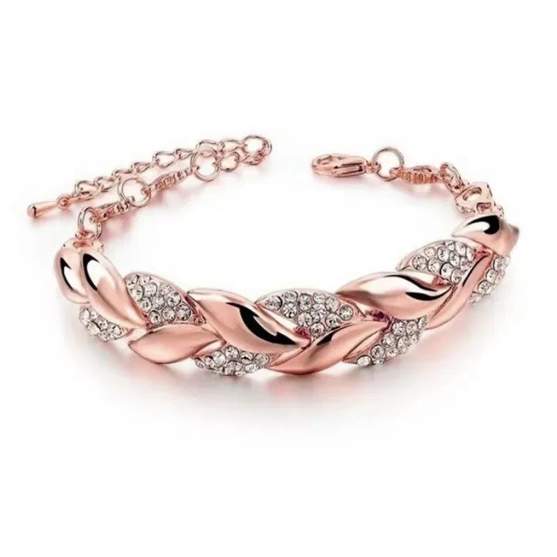 Luxury Love Braided Leaf Bracelet Charm Crystal Wedding Bracelets for Women Anniversary Valentines Day Gifts Aesthetic Jewelry