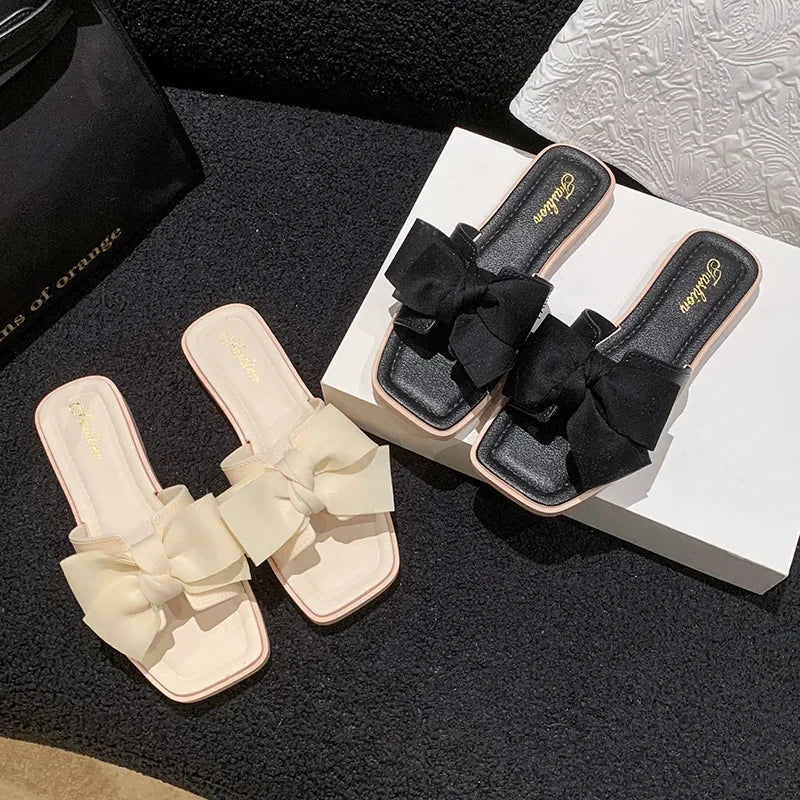 Fashionable Butterfly Knot Flat Bottom Slippers Women's Summer Outdoor Wear Soft Bottom Home Slippers Versatile Fairy Wind Cool