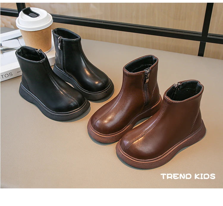 Children Fashion Boots Simple Girls Ankle Boot Black Kids Short Leather Boots Side Zipper Thick Bottom Autumn Winter 2024 New