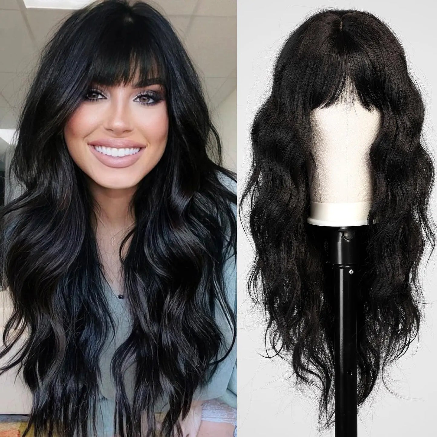 Black women's synthetic wig with big waves and straight bangs for cosplay. Worn daily with high-temperature synthetic hair.