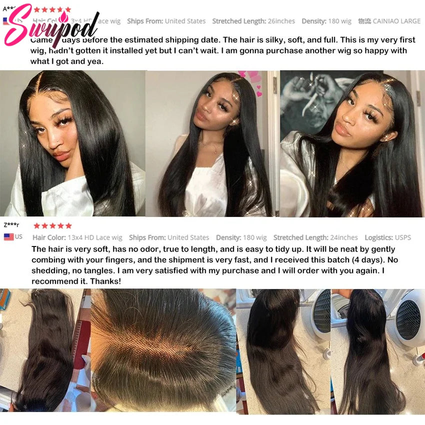 250% 360 Full Lace 13x6 HD Lace Frontal Wig for Women 13x4 Frant Silky Straight Remy Human Hair Dark Black Glueless Pre Plucked