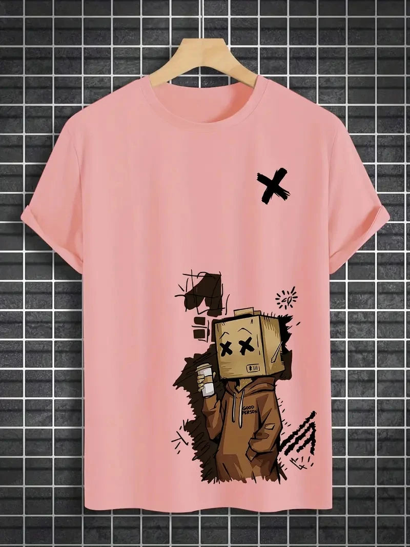 Men's 100% pure cotton fashionable casual sports loose trendy doll graffiti printed round neck short sleeved T-shirt top