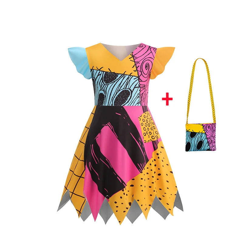 Baby Girls Halloween Costumes Cosplay Dress Nightmare Before Xmas Children Carnival Princess Sally Party Clothes 2-10 Years