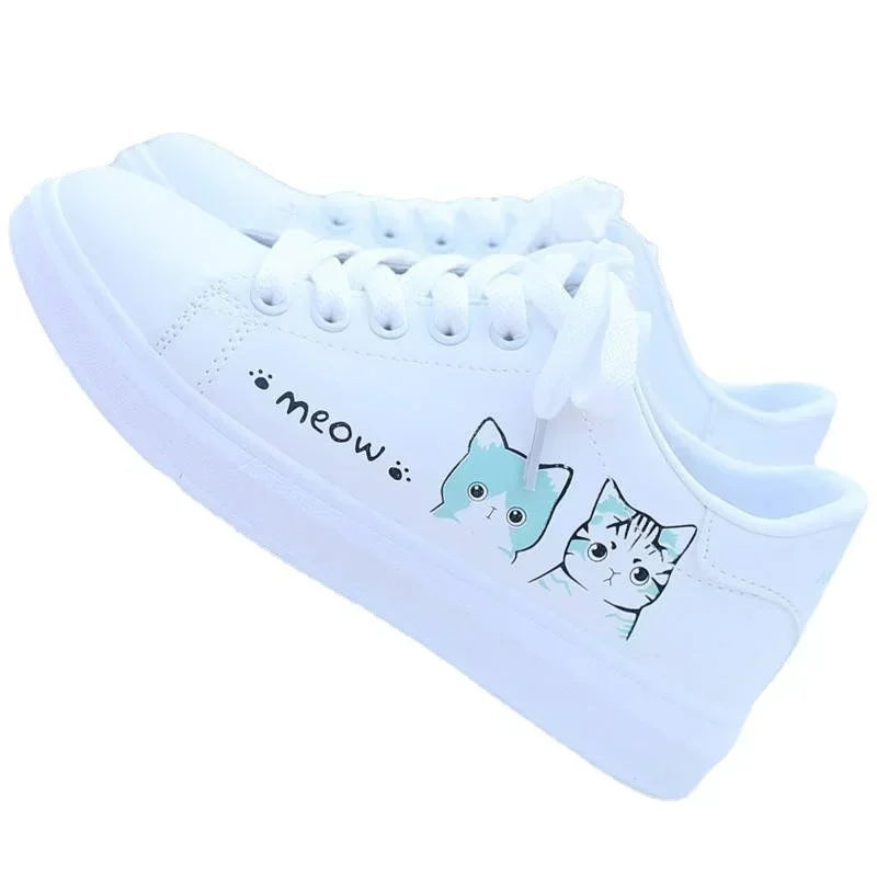 2024 New Arrival Fashion Lace-up Women Sneakers Women Casual Shoes Printed summer Women Pu Shoes Cute Cat  Shoes