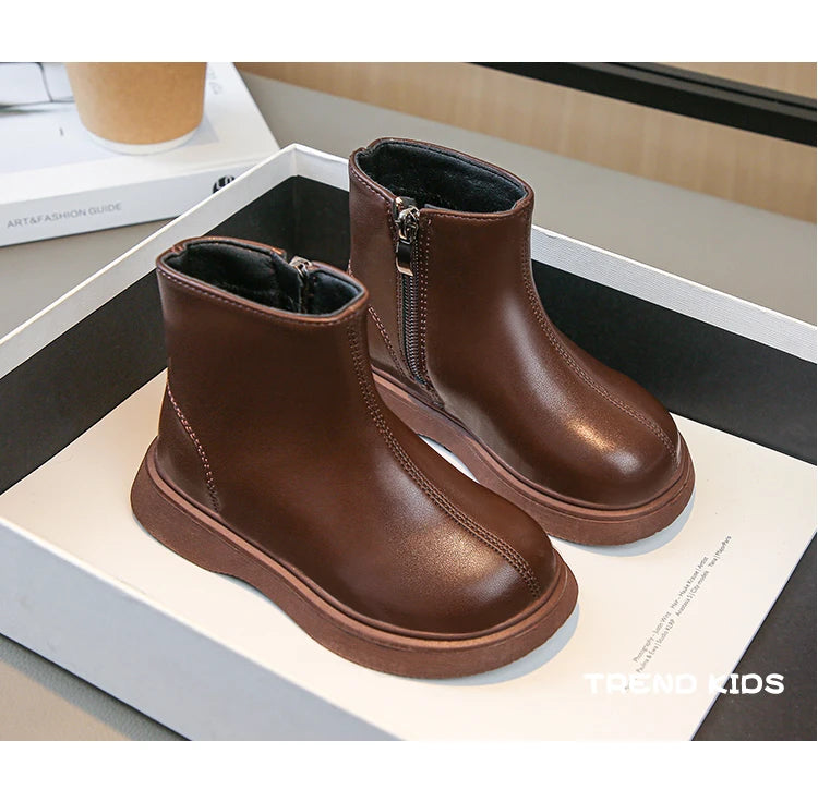 Children Fashion Boots Simple Girls Ankle Boot Black Kids Short Leather Boots Side Zipper Thick Bottom Autumn Winter 2024 New