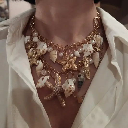 Aihua Bohemia Gold Color Imitation Pearl Conch Shell Starfish Necklace for Women Choker Necklace Collars Summer Beach Jewelry