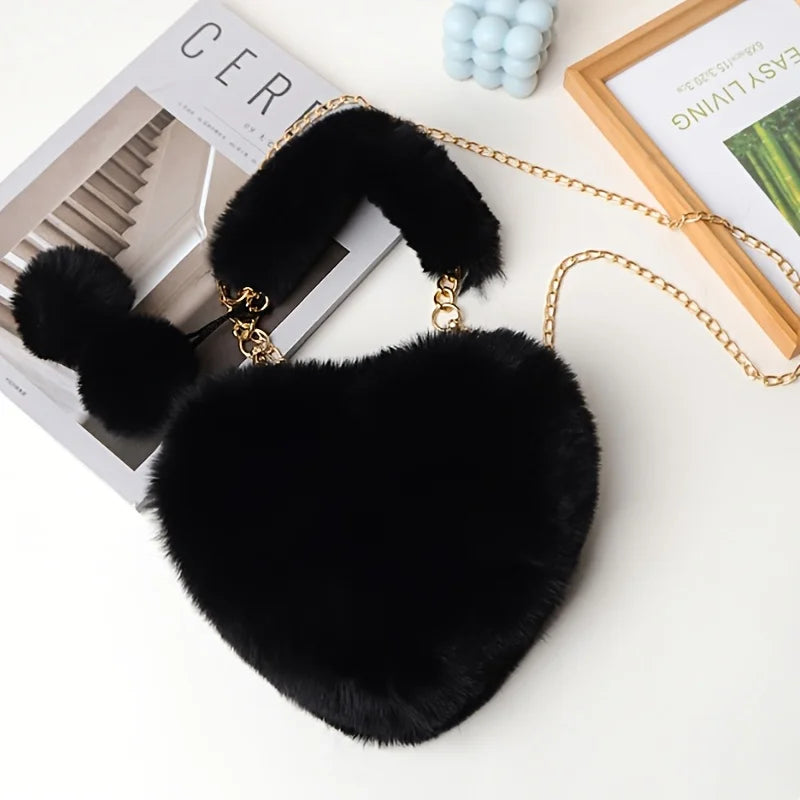 Luxury Faux Fur Heart-shaped Women Small Handbags Fluffy Plush Ladies Chain Shoulder Bag Fashion Female Furry Daily Clutch Purse