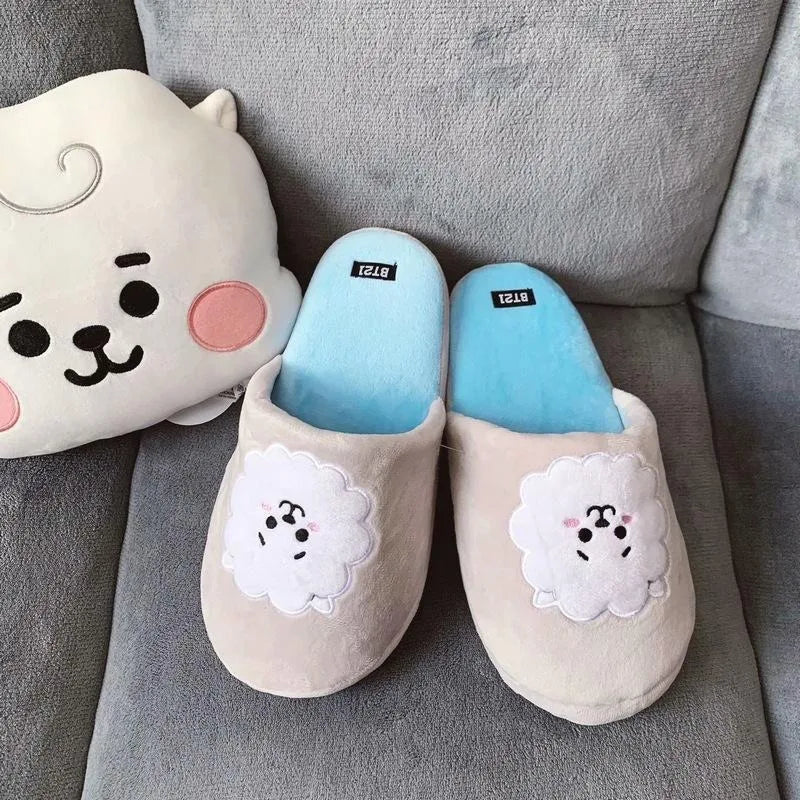 Anime BT21 Kawaii Plush Cotton Slippers Chimmy Cooky Women Fashion Spring Autumn Indoor Non-Slip Slippers