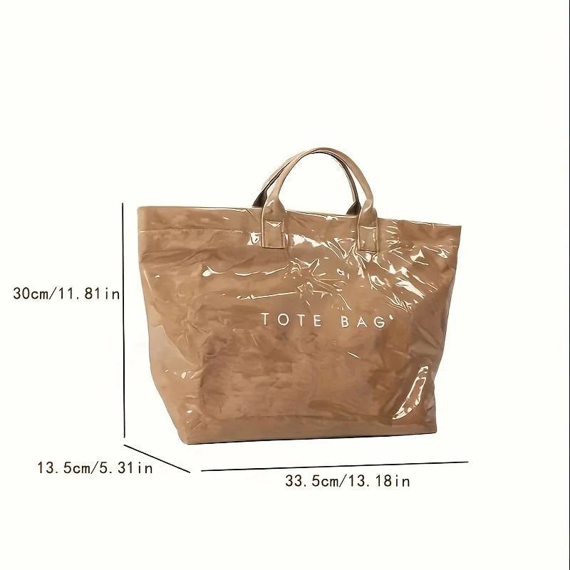 Chic Preppy-Style Large Capacity Tote Bag - Lightweight PVC & Kraft Paper With Magic Tape Closure For Women's Fashion