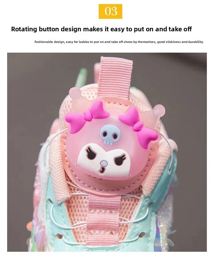 Girls Cartoon Rotating Button Sports Shoes Soft Bottom Kuroko Light up Dad Shoes Breathable Rubber Spring Season Kids Sneakers