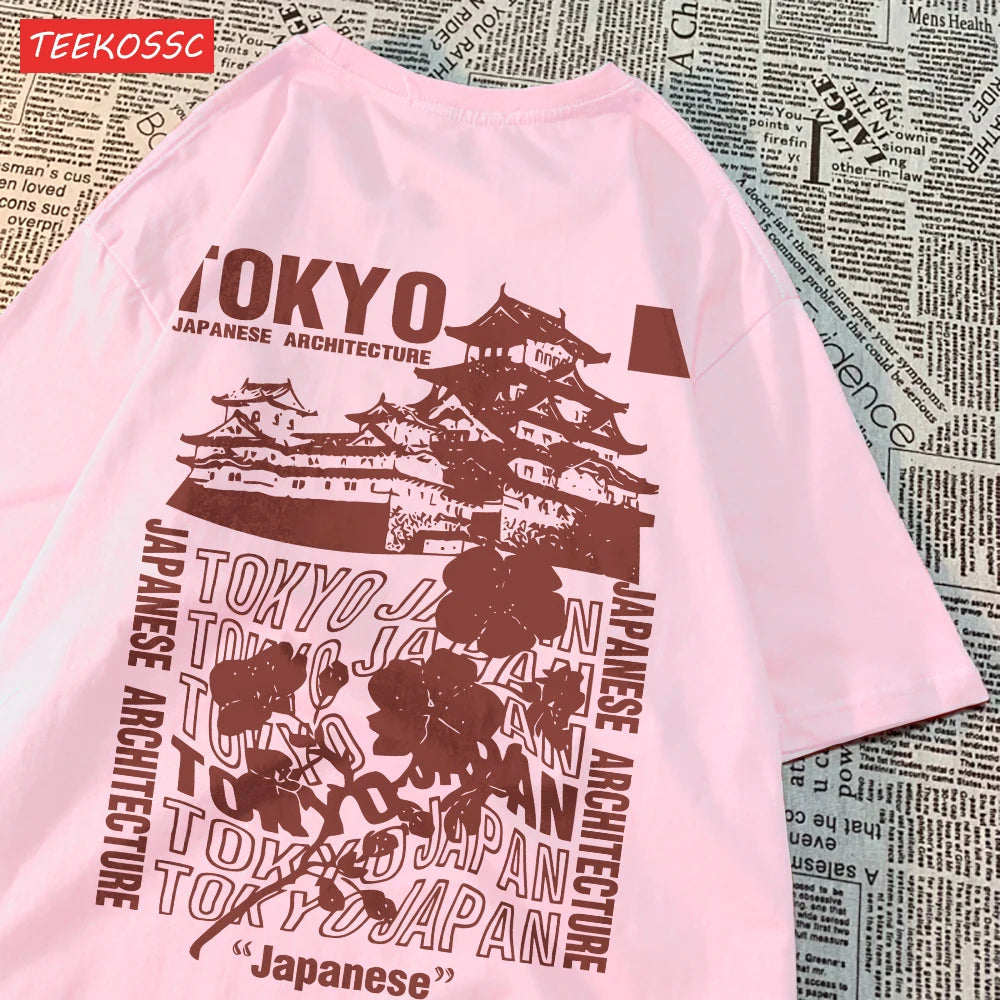Trend Cotton Women'S T-Shirts Japanese Tokyo Sakura Printed Streetwear Soft Breathable Oversize Summer Street Female Clothes