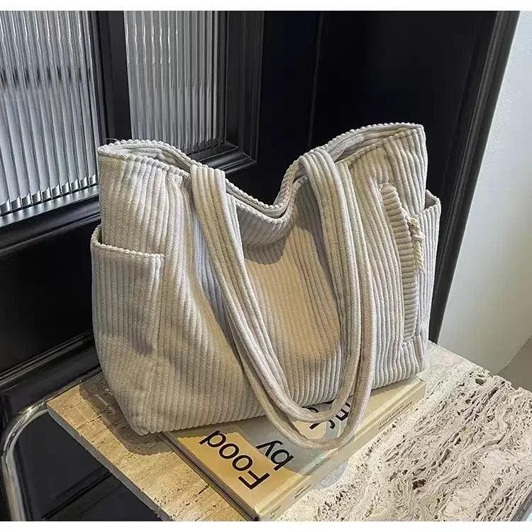 Corduroy Daily Handbag Fashionable Versatile Shoulder Bag for Women Multi-Compartment Zipper Closure Commute Women's Tote Bag