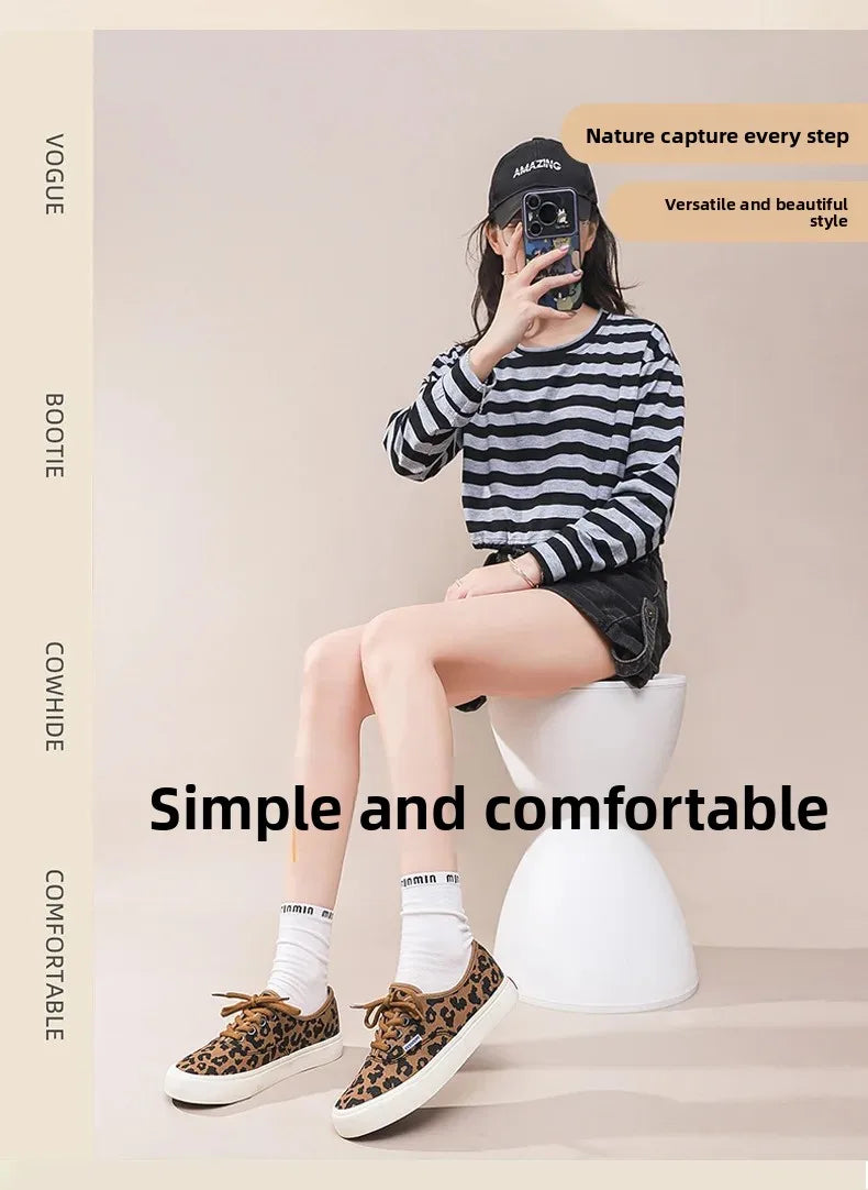 Retro Fashionable Canvas Shoes for Women Student Sports Casual Leopard Print Slip-On Sneakers Comfortable Cotton Lined Shoes