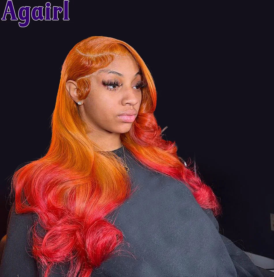 Ombre Orange Red Colored Body Wave Wigs Human Hair 13x6 Lace Frontal Wigs Brazilian 6x4 Lace Closure Wavy Wigs For Women 34 Inch