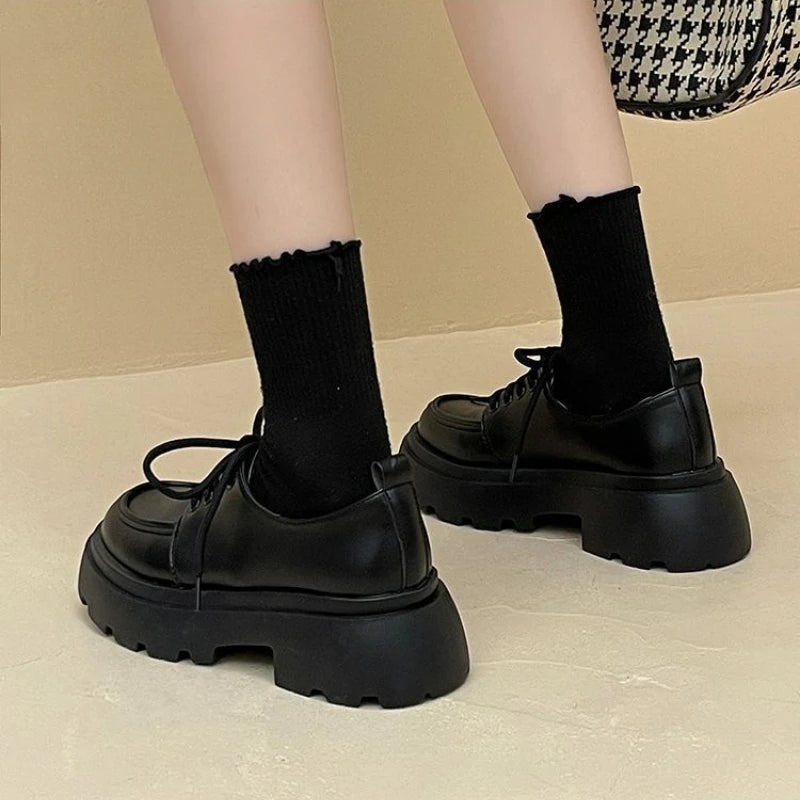 Women's Shoes Platform Flats Autumn Black Loafers Fashion Comfortable Leather Shoes Lace-up Outdoor Casual Oxfords Zapatos Mujer