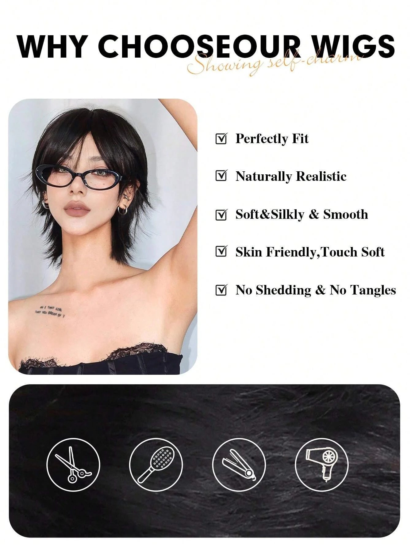 12 inch short salmon head wig with bangs, women's short straight black synthetic wig, party daily use elf cut short wig