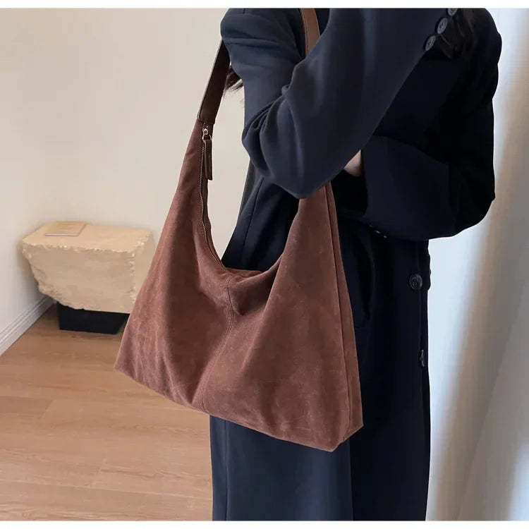 Vintage Suede New Large Capacity Women Tote Bag 2025 Autumn Winter Commute Shoulder Crossbody Bags Fashion Trend Underarm Bags