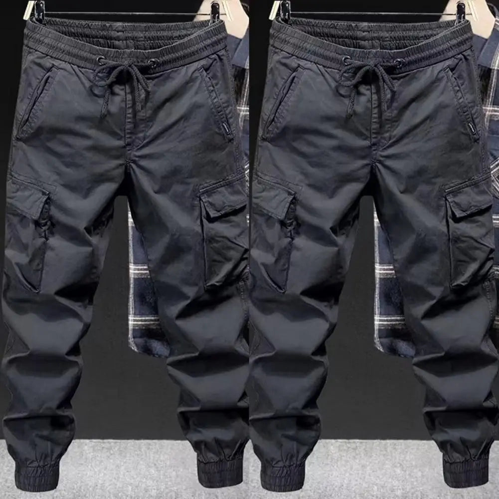 Multi-pocket Overalls Men's Cargo Pants with Drawstring Waist Multiple Pockets Ankle-banded Design for Daily Sports Streetwear