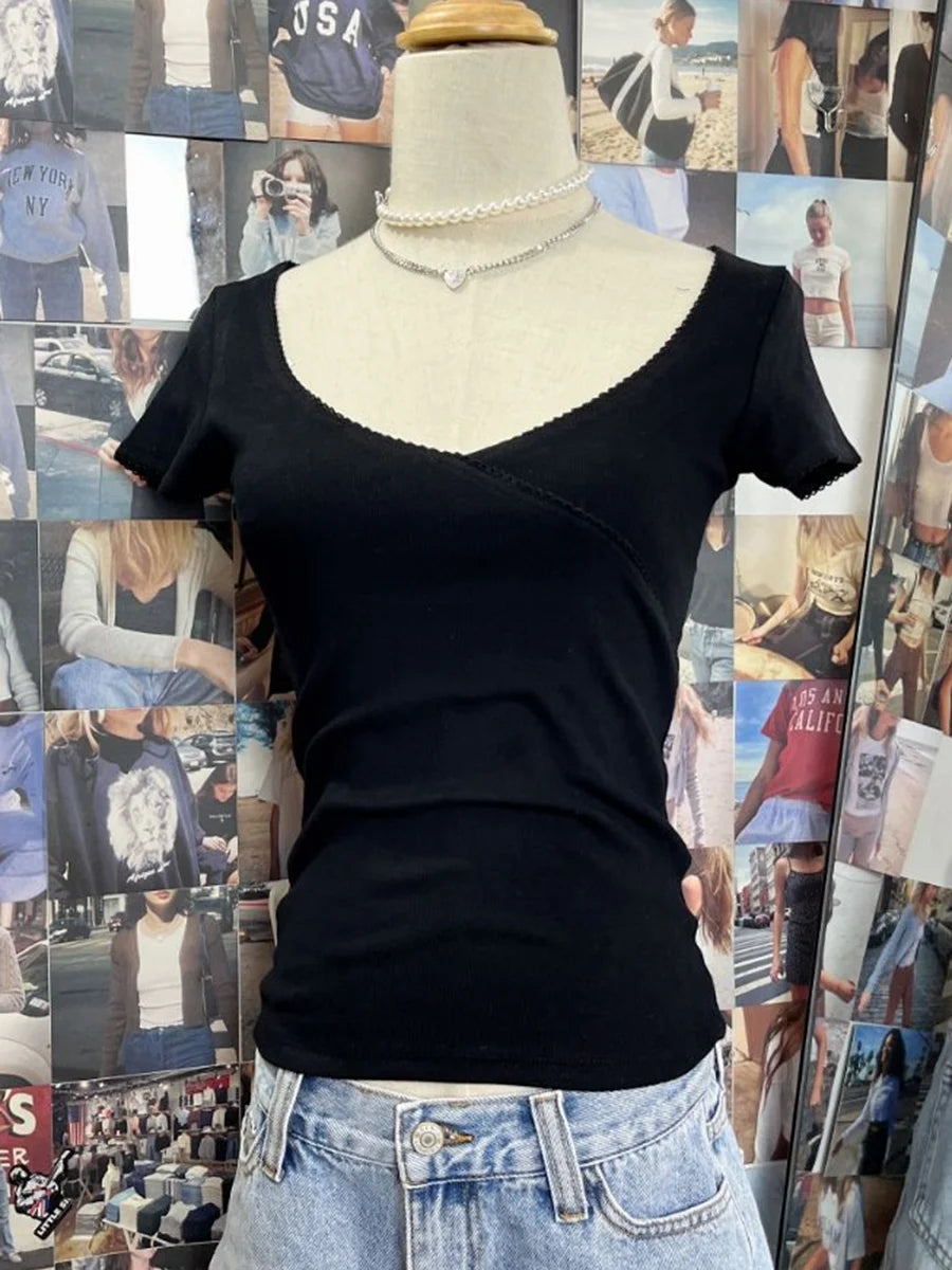 Stitching Solid Vintage Slim T-Shirt Summer V Neck Streetwear Cotton Top 2023 Femme Sweet Cute Y2k Simple Tee Tops Woman Clothes