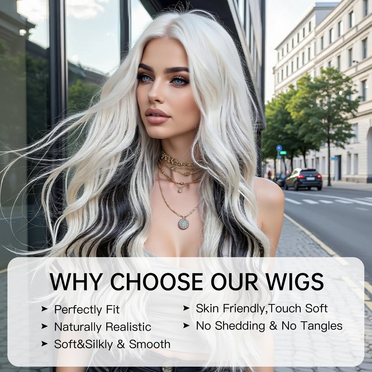 Super Long Wavy White Mixd Black Synthetic Wig Medium Part Water Wave Wigs For Women Daily Cosplay Halloween Colorfull Fake Hair