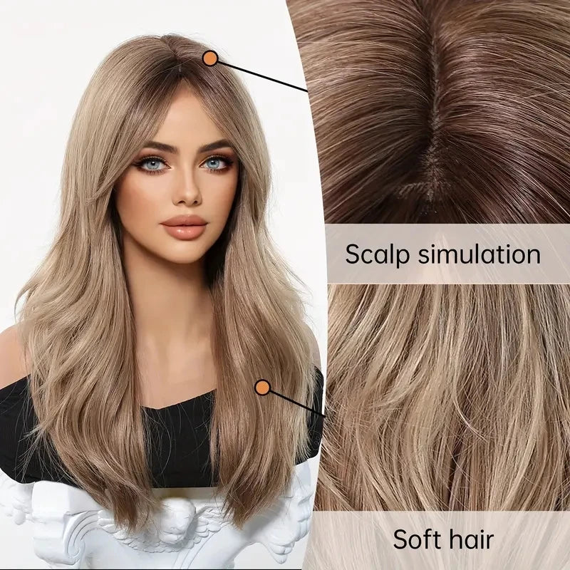 Elegant Curly Wave Ash Blonde Wig Synthetic Hair with Bangs Long Women Party Cospaly Wig 100% Tang Long  Heat Resistant Fiber
