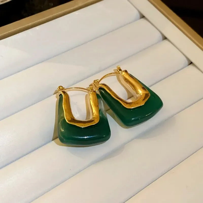 Green Vintage U Shaped Resin Earrings for Women Girls Geometric Irregular Stud Earrings 2025 New Trendy Party Ear Jewelry Gift