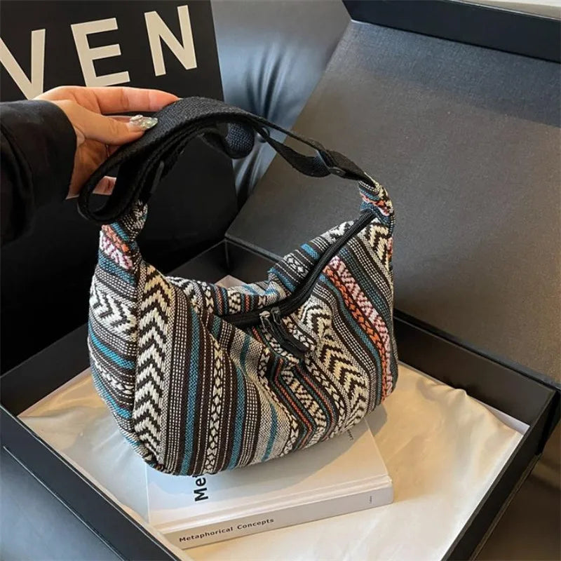 Tribal Style Shoulder Bag, Foldable Crossbody with Zipper Closure, Striped Pattern, Flag Theme Hand Washable Edge Painted Lining