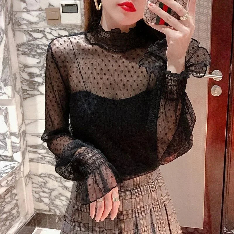 Women Sexy Mesh See Through T Shirt  Long Bell Sleeve Hollow Out Blouse Summer Transparent Sheer High Neck Bottoming Basic Tee
