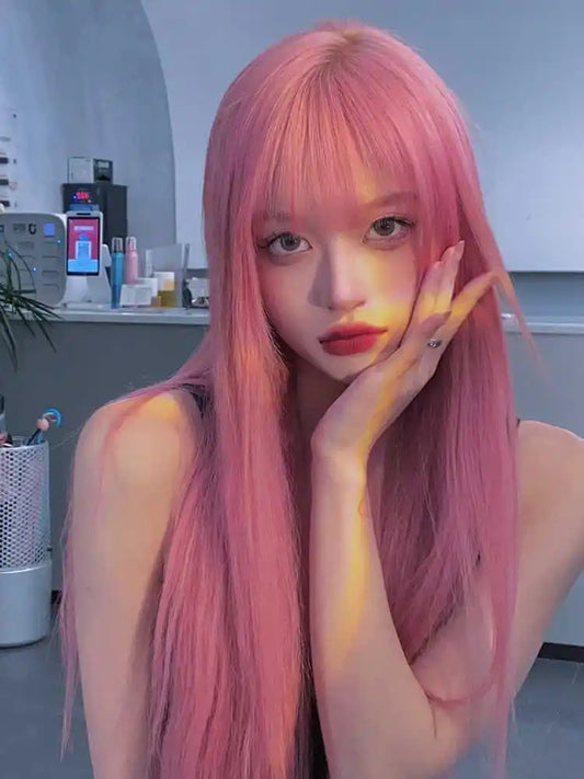 Pink Synthetic Wig With Long Straight Bangs Natural Wig Women Daily Use Cosplay Heat Resistant Lolita Full Head Cover
