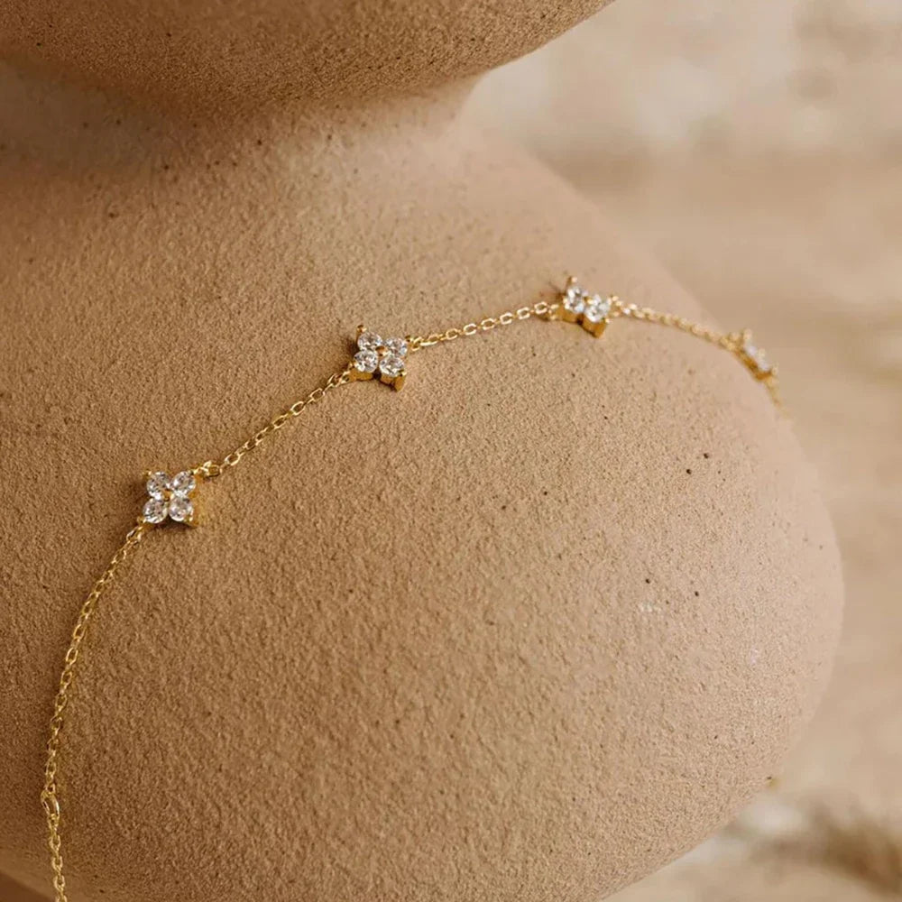 925 Silver Plated Four-leaf Flower Zircon Chain Necklace for Women Luxury Collar Charm Necklaces 2025 Trend Jewelry