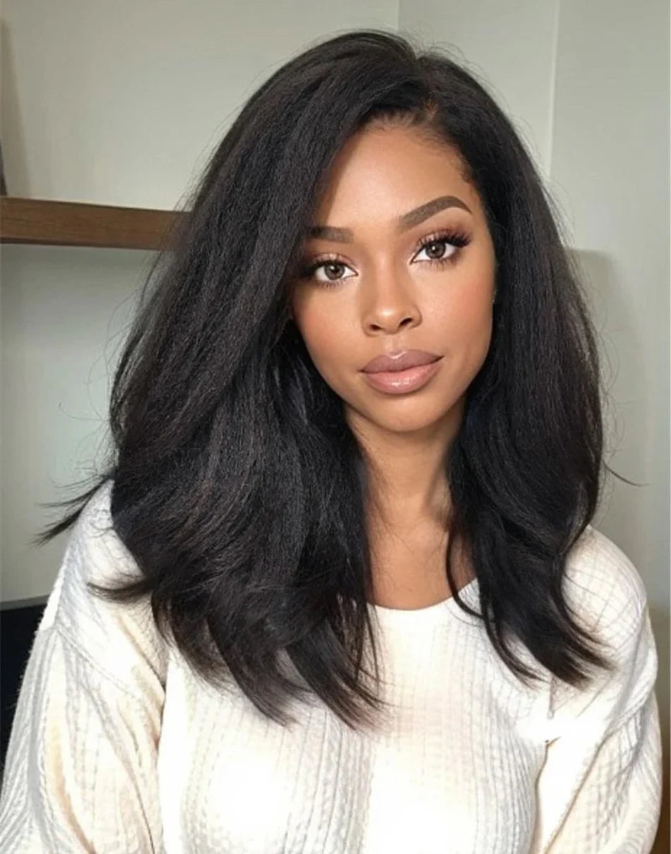 Ready To Wear Glueless Wigs Kinky Straight 13x4 Lace Front Human Hair Wig Short Bob Wigs HD Transparent Yaki Straight Wig 180%