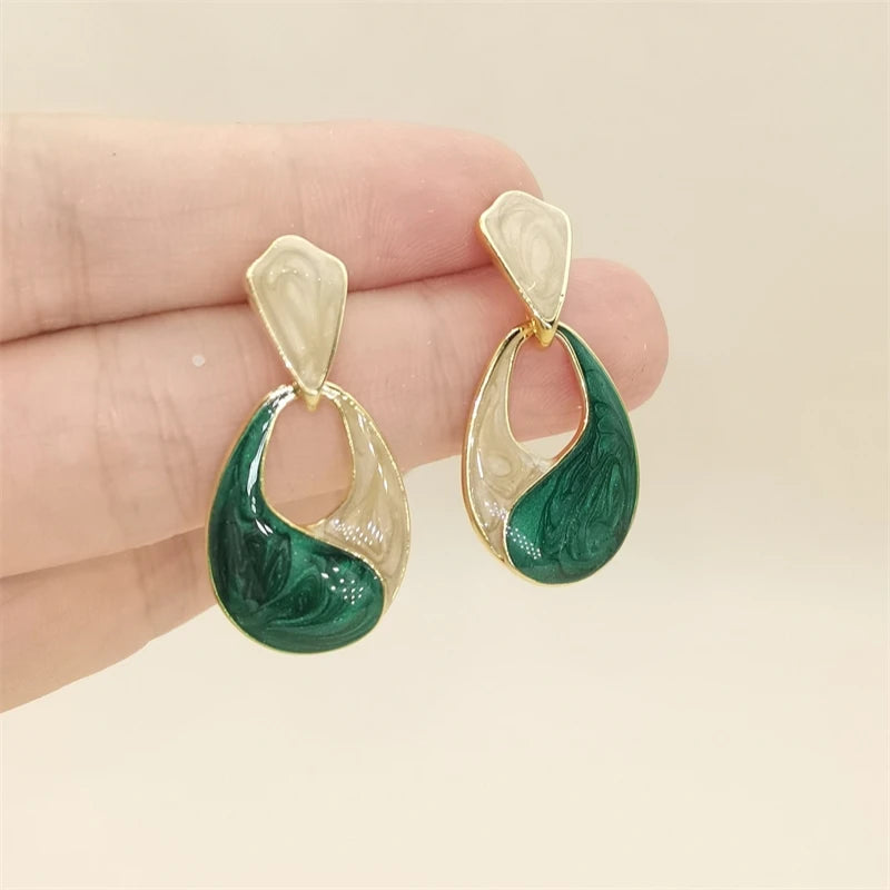 Green Enamel Hollow Water Drop Women's Hanging Earrings Colorful Glaze Geometric Statement Drop Earrings 2025 new trend