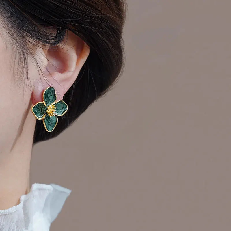 Hibiscus Dropped Glaze Flower Stud Earrings for Women Girl French Vintage 2025 Fashion Korean Wedding Romantic Jewelry Gifts