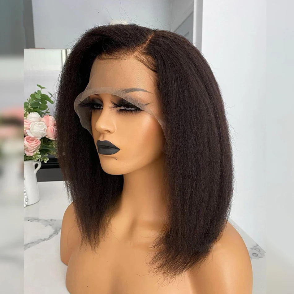 Kinky Yaki Straight Bob Lace Frontal Pre Cut Wigs 100% Human Hair Glueless Ready To Wear Short Bob HD Transparent Cheap Wigs