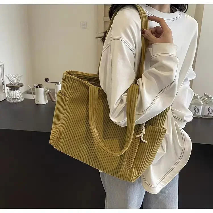 Corduroy Daily Handbag Fashionable Versatile Shoulder Bag for Women Multi-Compartment Zipper Closure Commute Women's Tote Bag