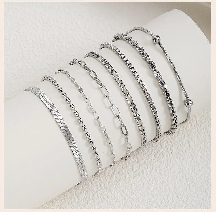 Women Chain Bracelet Silver Color, Stainless Steel Link Stackable Bracelets, Layered Fashion Accessories Gifts