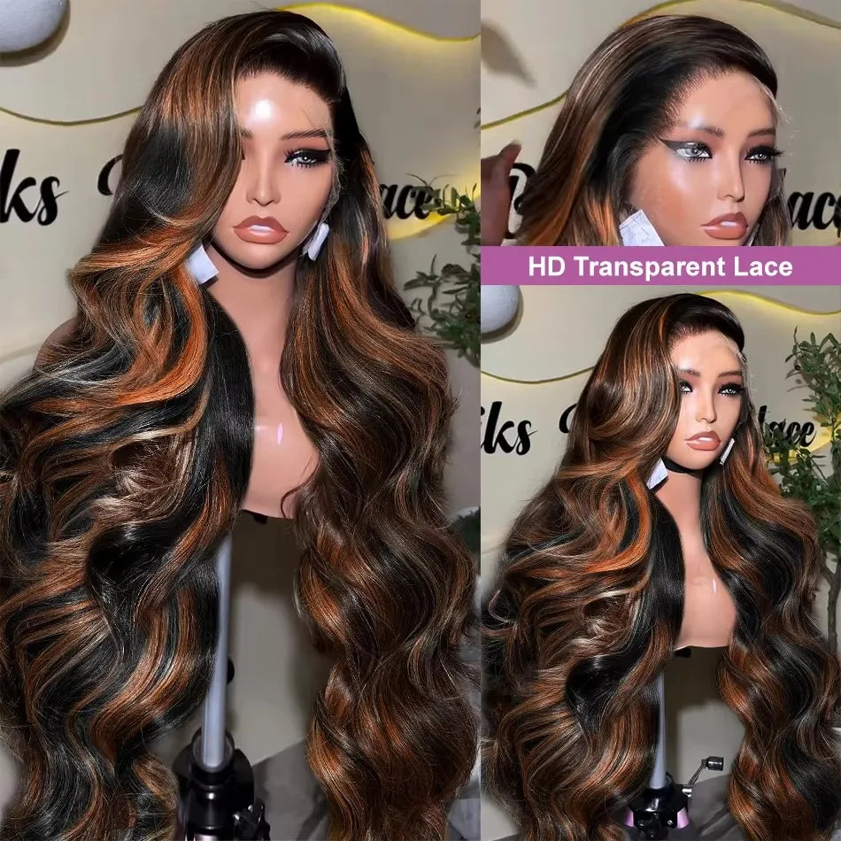 220 Density 30 Inch 1B/30 Black Brown Body Wave Lace Front Human Hair Wigs Colored Highlight 13x6 HD Lace Frontal Wig Human Hair