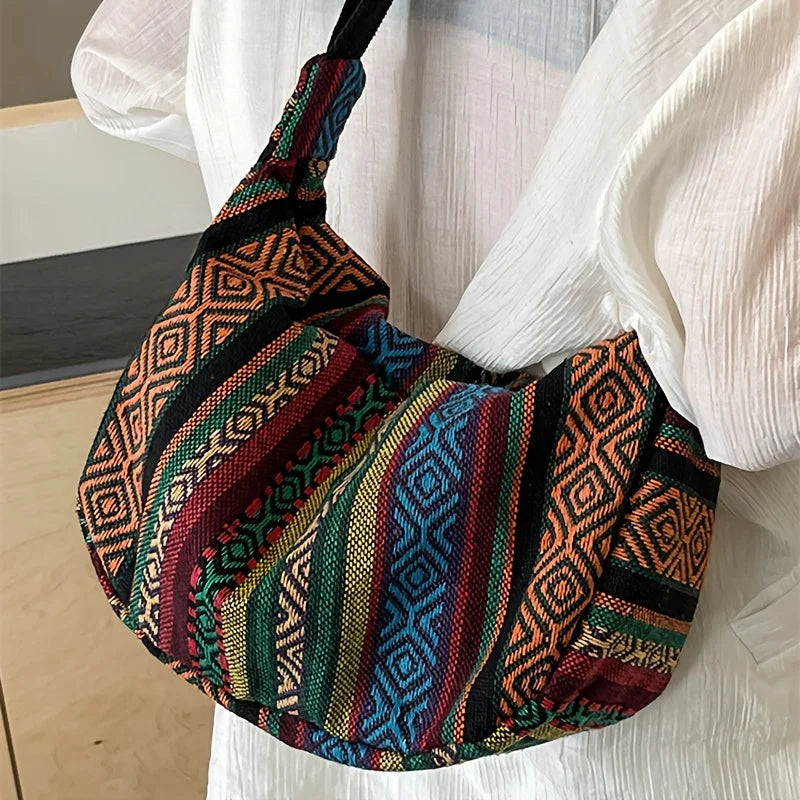 Tribal Style Shoulder Bag, Foldable Crossbody with Zipper Closure, Striped Pattern, Flag Theme Hand Washable Edge Painted Lining