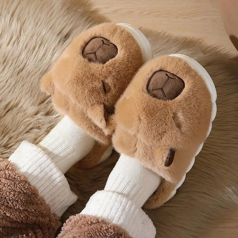 Cute Cartoon Capybara Cotton Slippers Women 2025 Winter Soft Thick Bottom Indoor Couple Slides Warm Faux Fur Bedroom Slippers