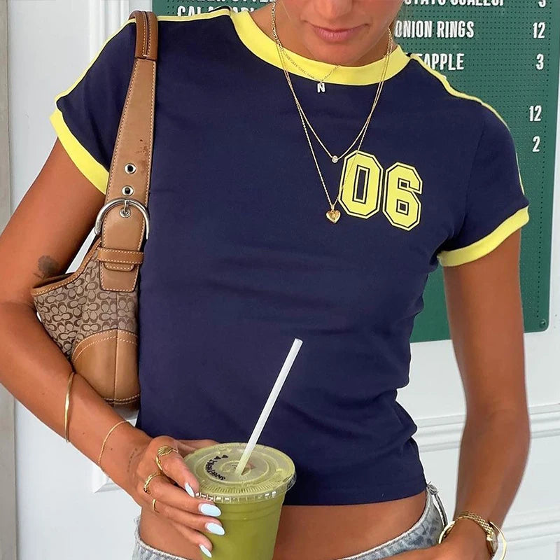 Retro Graphic Crop Top White Short Sleeve O Neck Casual T Shirt for Women y2k Aesthetic Vintage Basic Tees Ladies Clothes