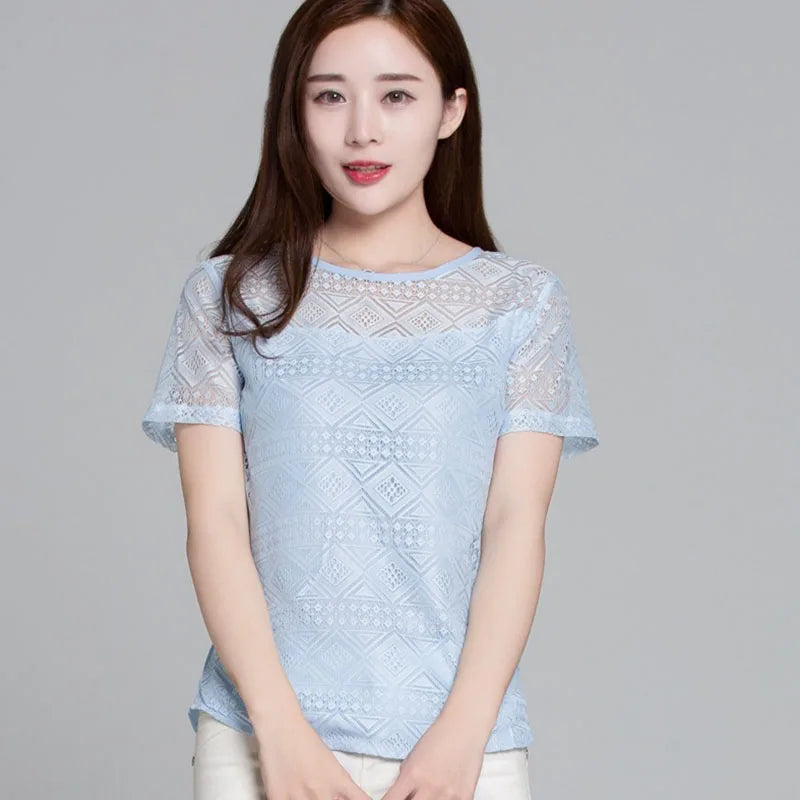 1pcs Summer Women Lace T-Shirt Lady Short-Sleeve Round-Neck tShirt Female Sexy Slim Fit  Tee Girl Chiffon Shirt Fashion Pullover