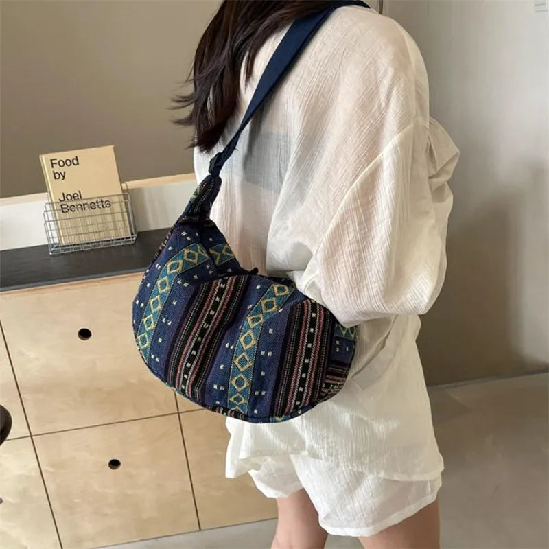 Tribal Style Shoulder Bag, Foldable Crossbody with Zipper Closure, Striped Pattern, Flag Theme Hand Washable Edge Painted Lining